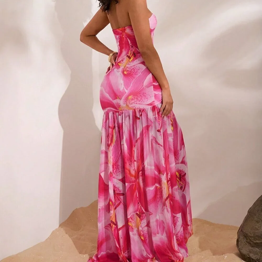 Pink Boho Women's Beach Woven Knit Floral Printed Sun Dress
